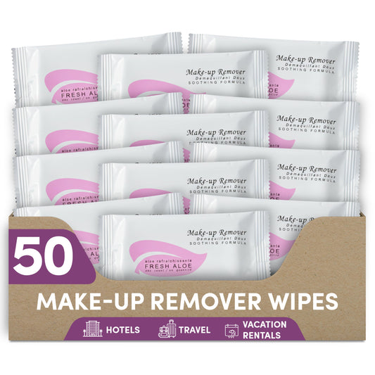 1-Shoppe Fresh Aloe makeup remover wipe bottle close-up for hotel rooms, gentle cleansing