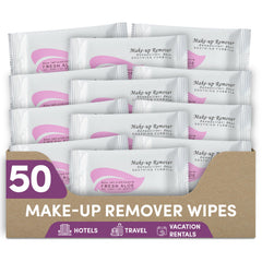 1-Shoppe Fresh Aloe makeup remover wipe bottle close-up for hotel rooms, gentle cleansing