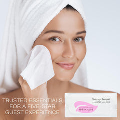 1-Shoppe Hospitality amenity line display with makeup remover wipes