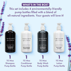 1-Shoppe Infuse Lavender Mint Spa Collection Packaging highlights eco-friendly, refillable amenities.