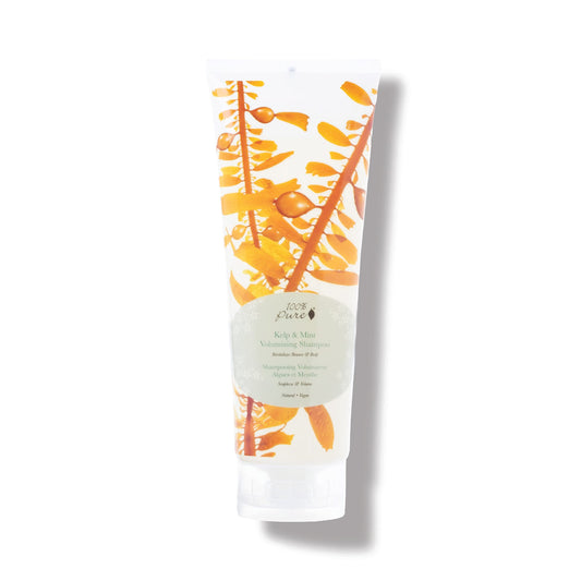 100% Pure Kelp and Mint Shampoo bottle delivers a refreshing cleanse and added volume.