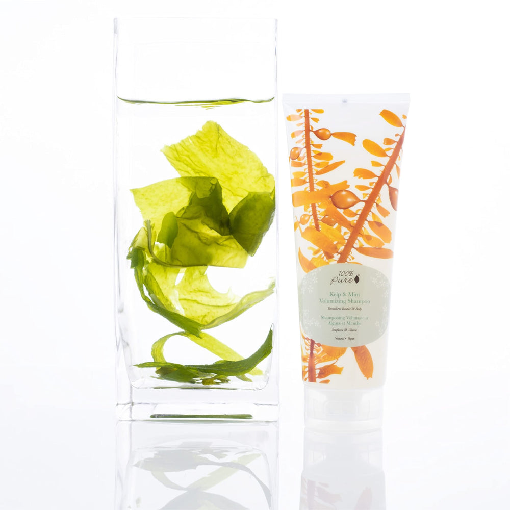 100% Pure Kelp and Mint Shampoo closeup ingredients reveals natural botanicals.