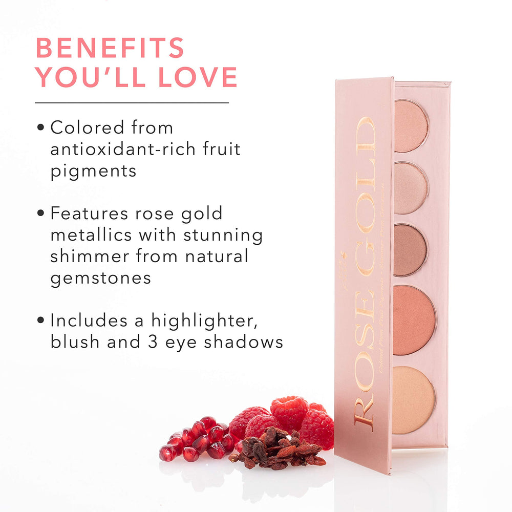 Close-up swatches of warm rose gold shades from the 100% PURE palette.