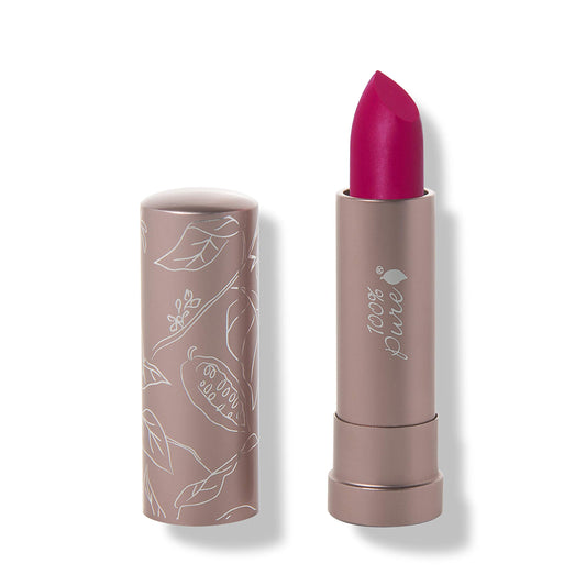 100% PURE Marrakesh lip color in vibrant fuchsia for bold daytime looks.