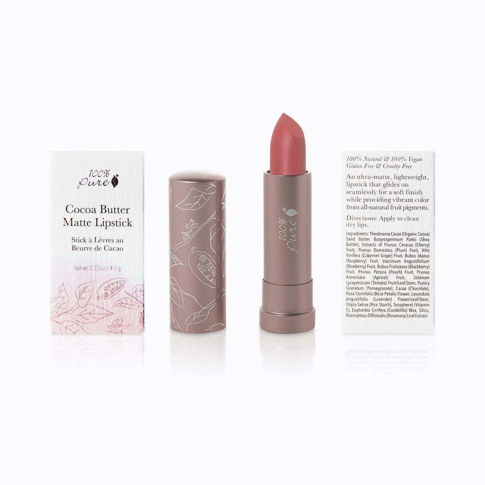 100% PURE Cocoa Butter Matte Lipstick tube close-up shows creamy texture.