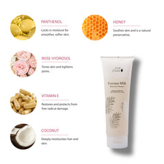 100% PURE coconut milk restorative shampoo ingredients panel highlights coconut oil and flax seed
