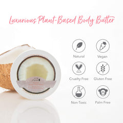 Brand display of 100% PURE Coconut Whipped Body Butter emphasizing plant-based moisture
