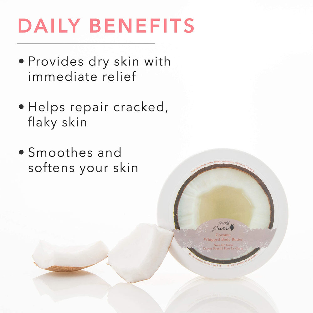 Packaging of 100% PURE Coconut Whipped Body Butter highlighting vegan formula
