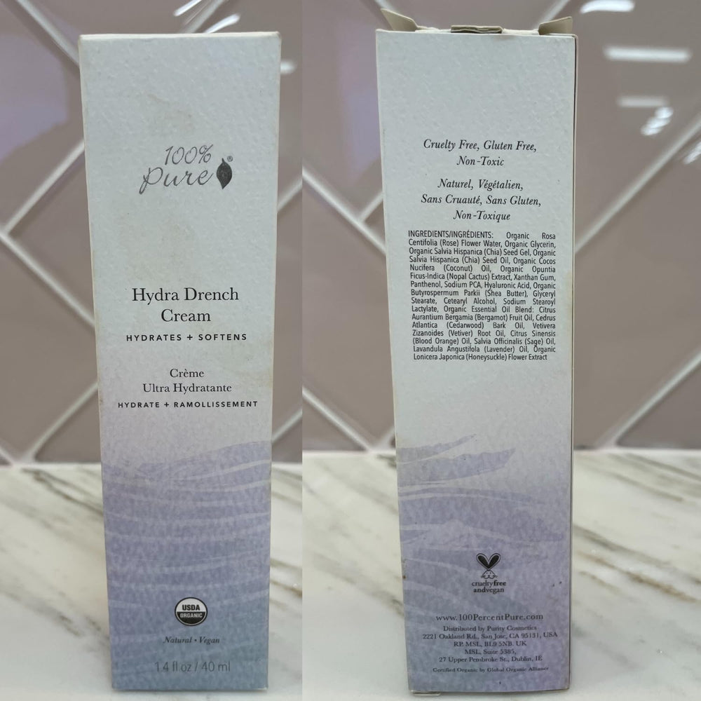 100% PURE Hydra Drench Cream being applied to cheek for daily hydration.
