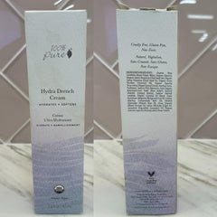100% PURE Hydra Drench Cream being applied to cheek for daily hydration.