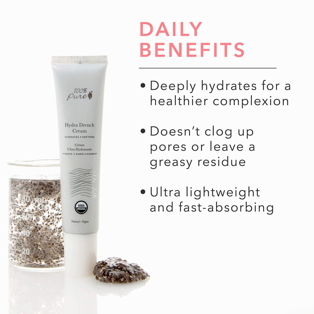 100% PURE Hydra Drench Cream rose-water swirl suggesting soothing moisture.