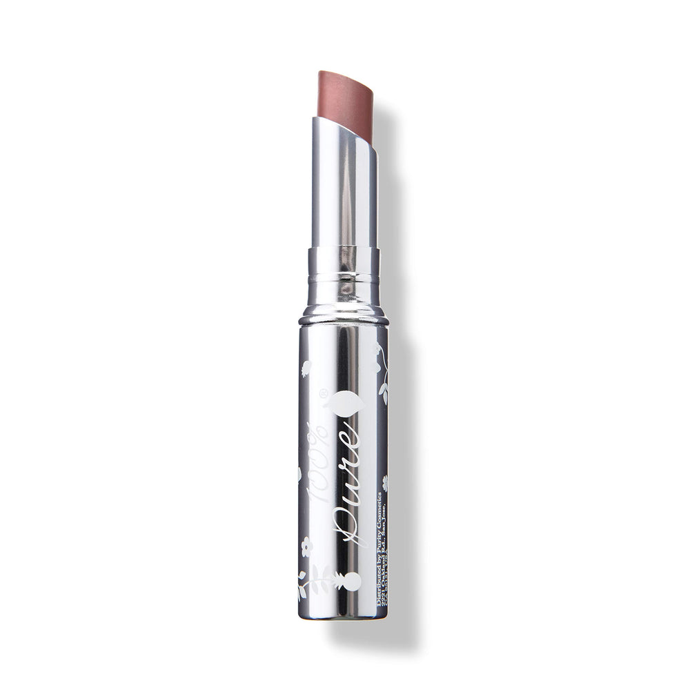 100percentpure Lip Glaze Sultry swatch shows warm peach brown for versatile daily color.