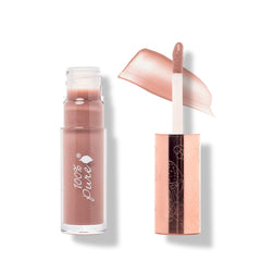 100% PURE Lip Gloss Pink Caramel application shows a sheer nude rosy brown tint for daily wear