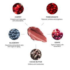 100% PURE Sahara lip color on lips demonstrates even coverage and comfortable wear.