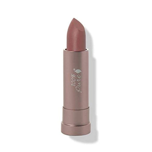 100% PURE Sahara lipstick swatch shows a deep neutral nude that suits many undertones.
