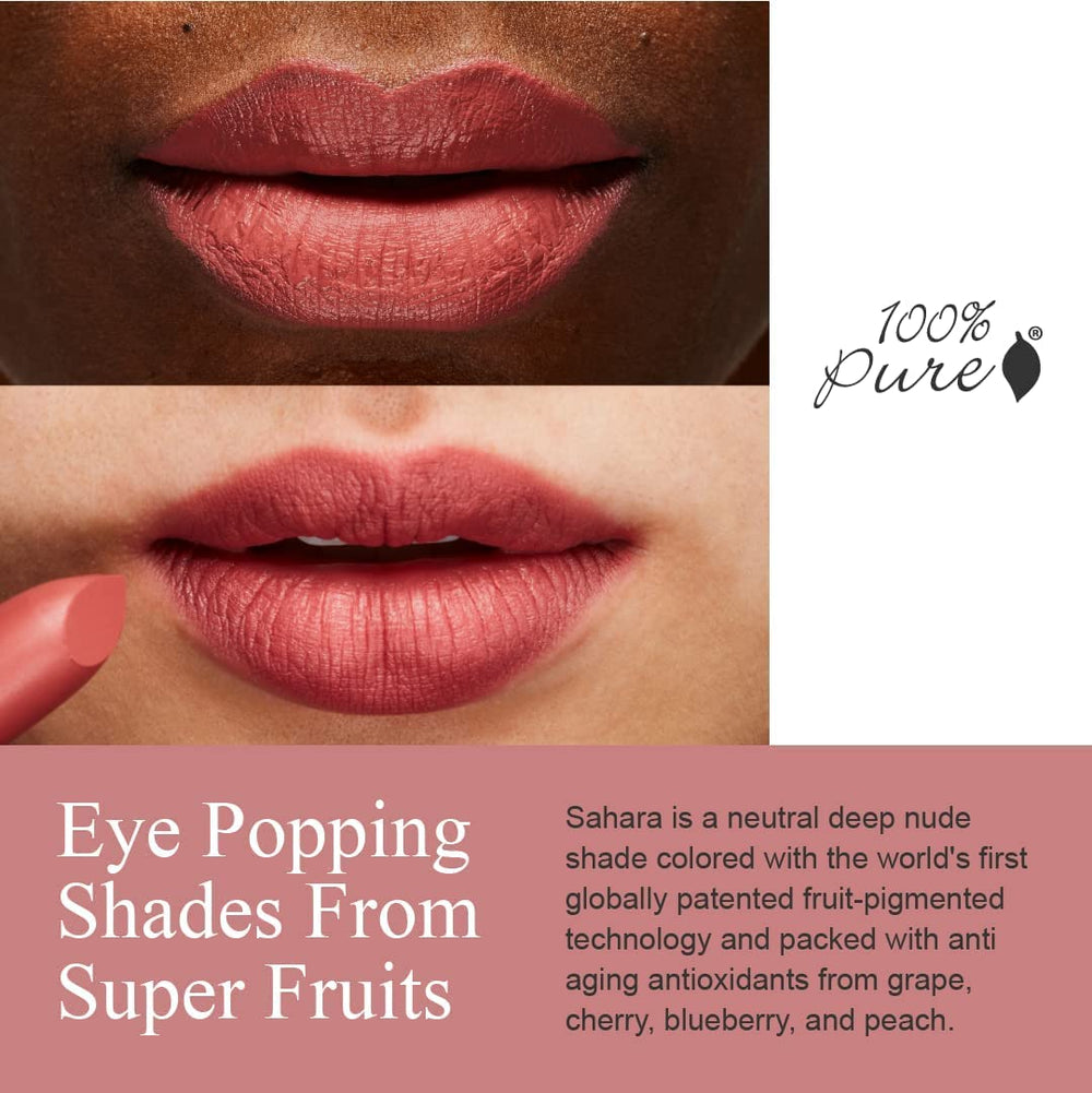 100% PURE Sahara matte finish closeup highlights a smudge-proof, non-drying color payoff.