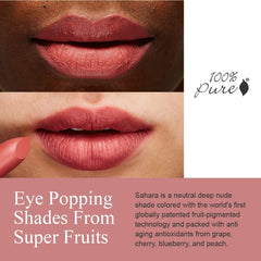 100% PURE Sahara matte finish closeup highlights a smudge-proof, non-drying color payoff.