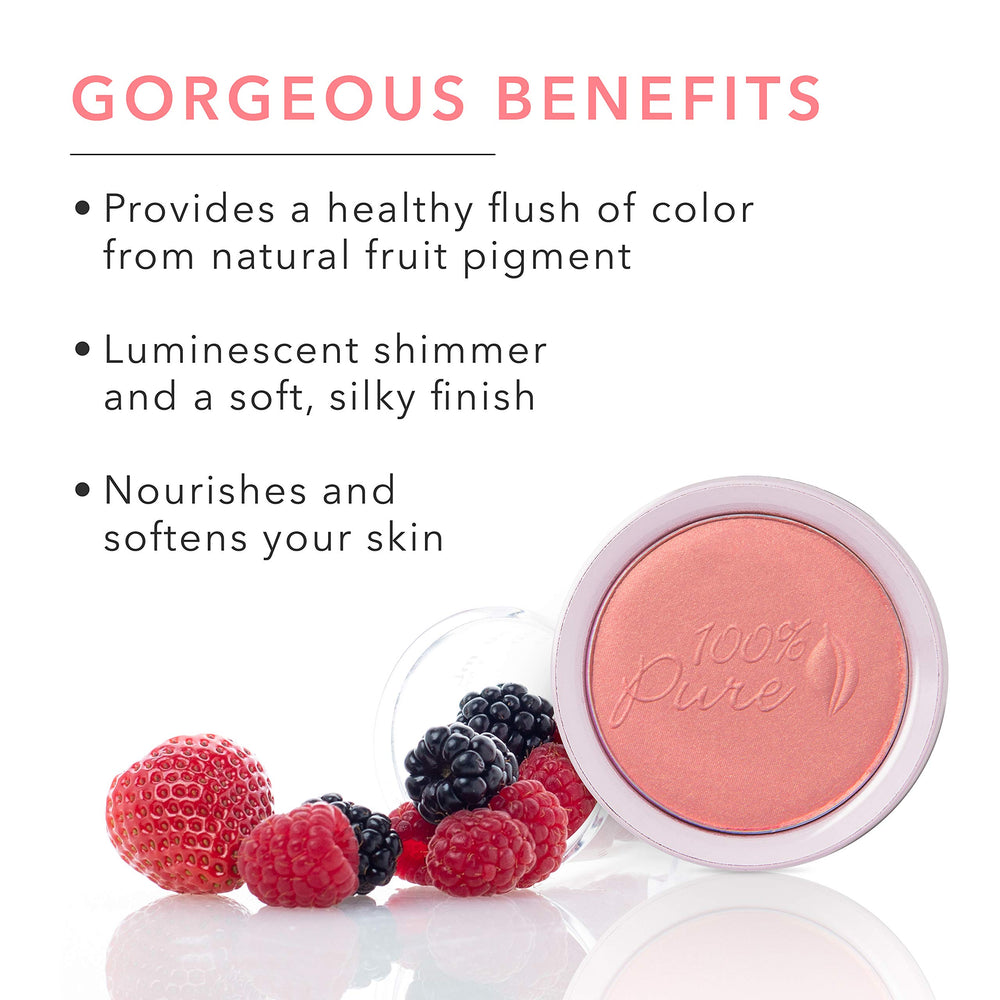 100% PURE Mimosa blush offers a soft shimmering finish with rosehip oil