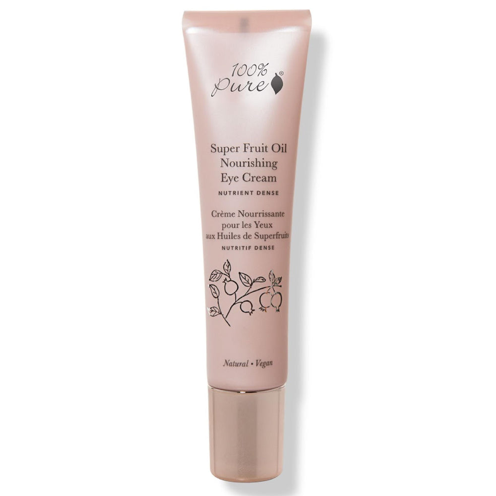 100% PURE Super Fruit Oil Nourishing Eye Cream bottle showing hydrating, antioxidant-rich formula.
