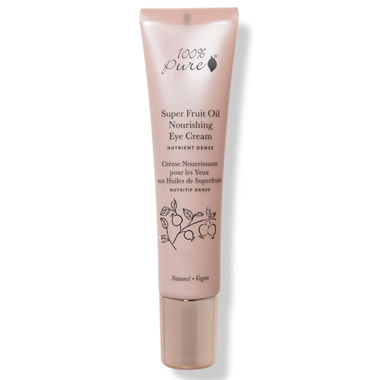 100% PURE Super Fruit Oil Nourishing Eye Cream bottle showing hydrating, antioxidant-rich formula.