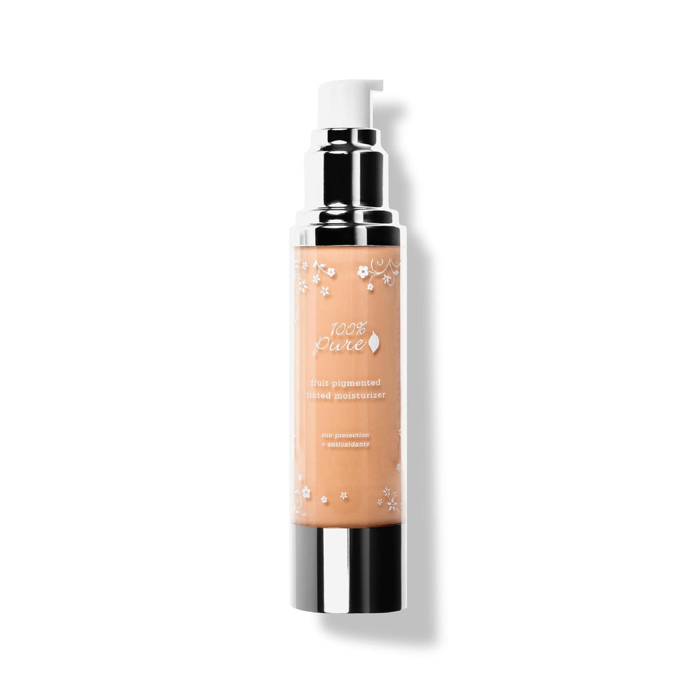 100% PURE tinted moisturizer White Peach bottle for lightweight dewy coverage.