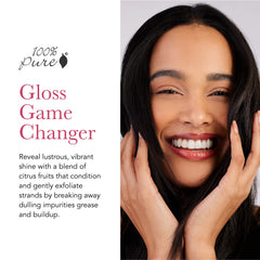 Label closeup on 100% PURE Yuzu & Pomelo Glossing Conditioner emphasizes citrus nourishment.