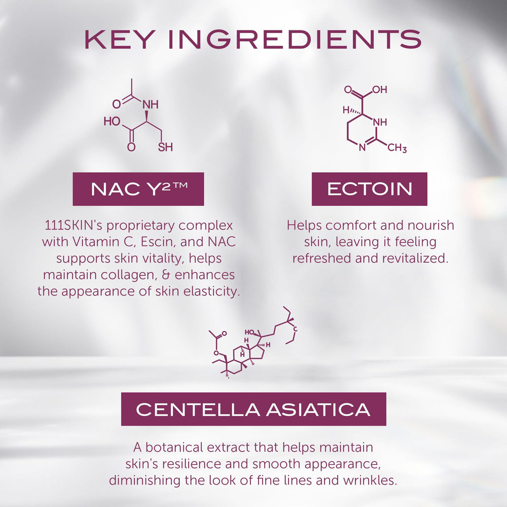 111SKIN Y Theorem Mask highlights NAC Y2 antioxidant complex for nourishing, refreshed skin.