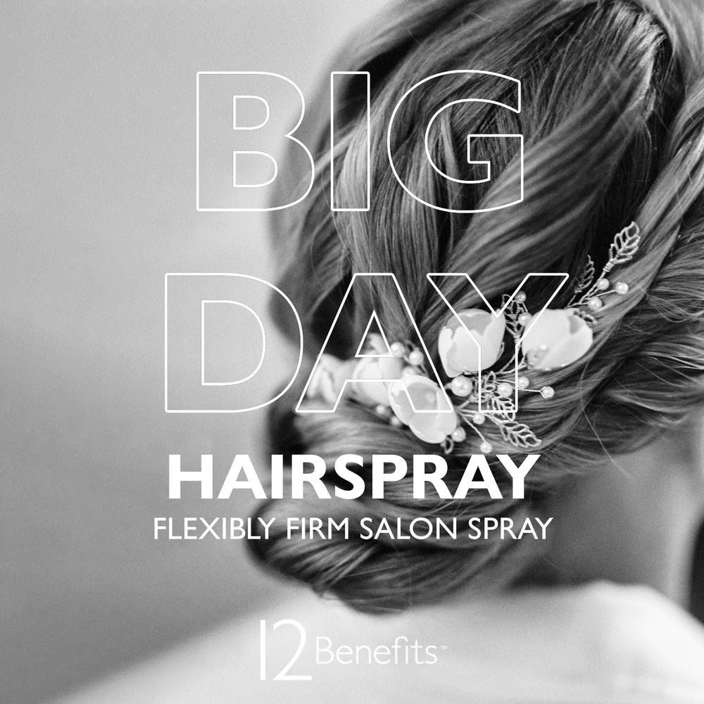 12 Benefits Big Day Hairspray humidity shield maintains volume through humid conditions.