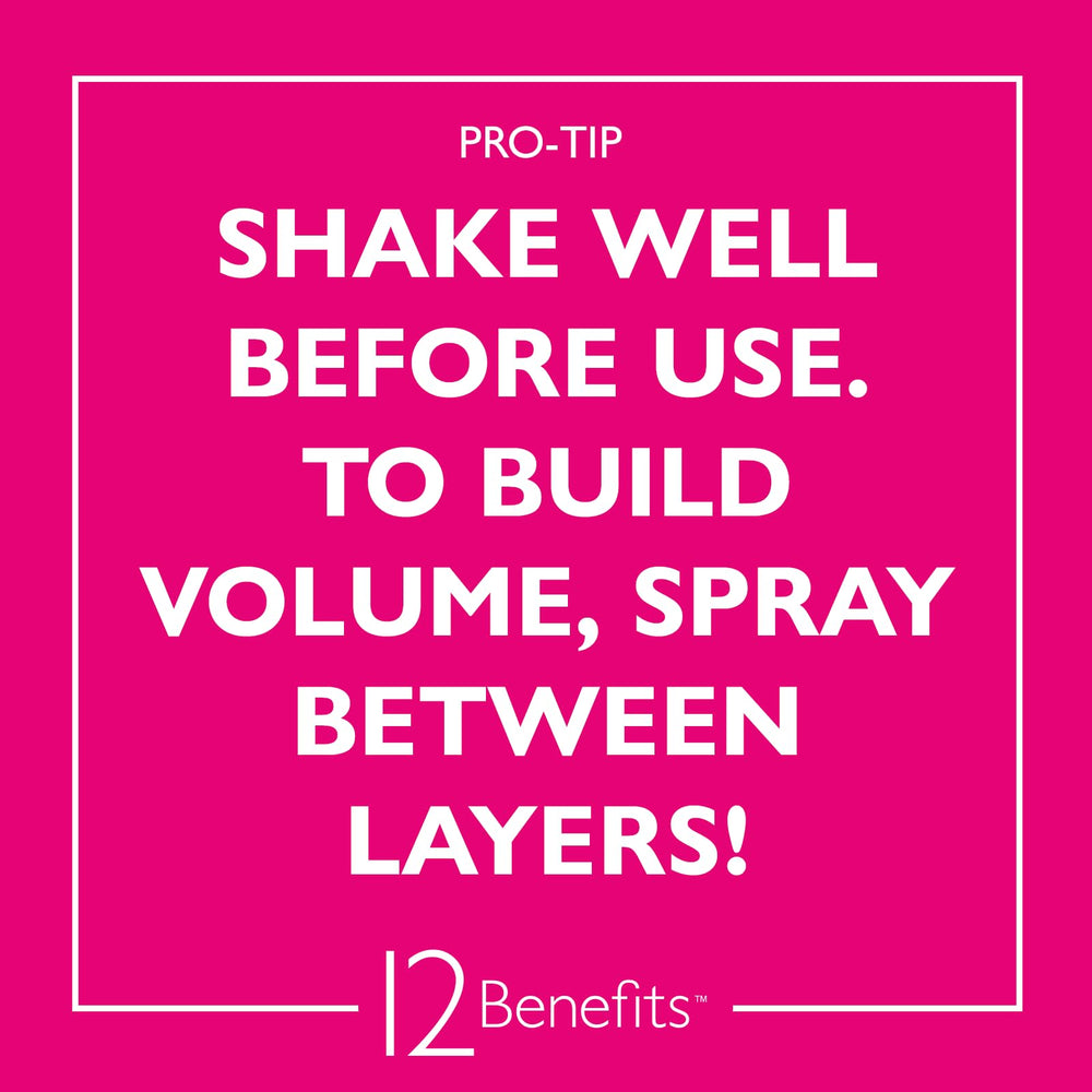 12 Benefits Big Day Hairspray silk protein boost adds smooth shine without weight.