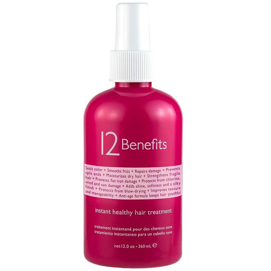 12 Benefits bottle front shows a sleek spray bottle for instant shine