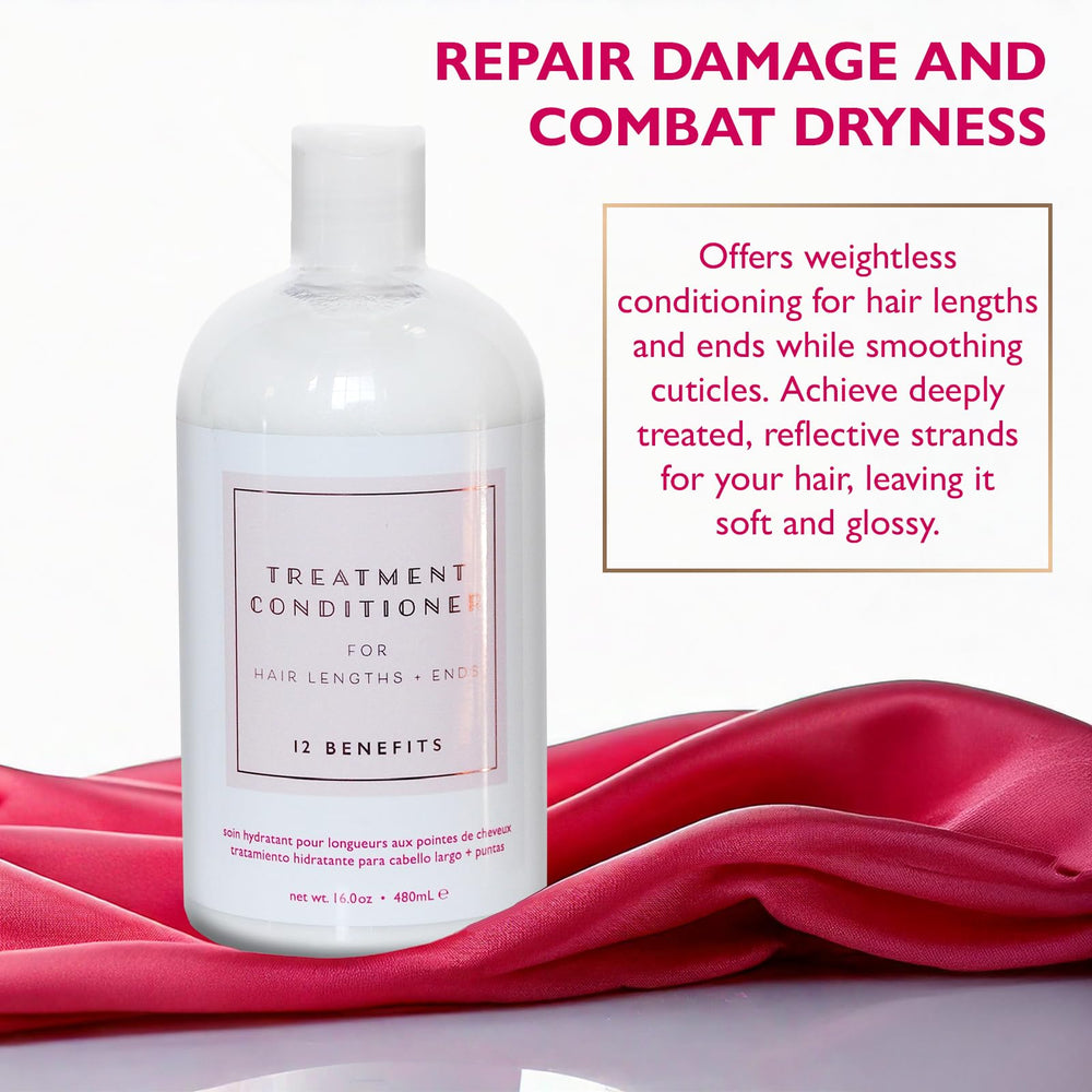 12 Benefits hair conditioner application showing smooth, manageable strands.