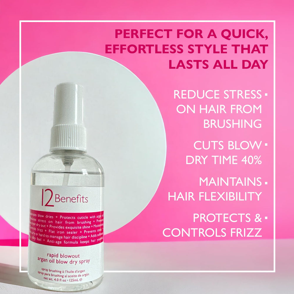 Closeup of 12 Benefits Rapid Blowout Argan Oil Spray with argan oil droplets
