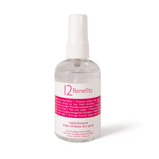 12 Benefits Rapid Blowout Argan Oil Spray bottle showing lightweight frizz-free finish