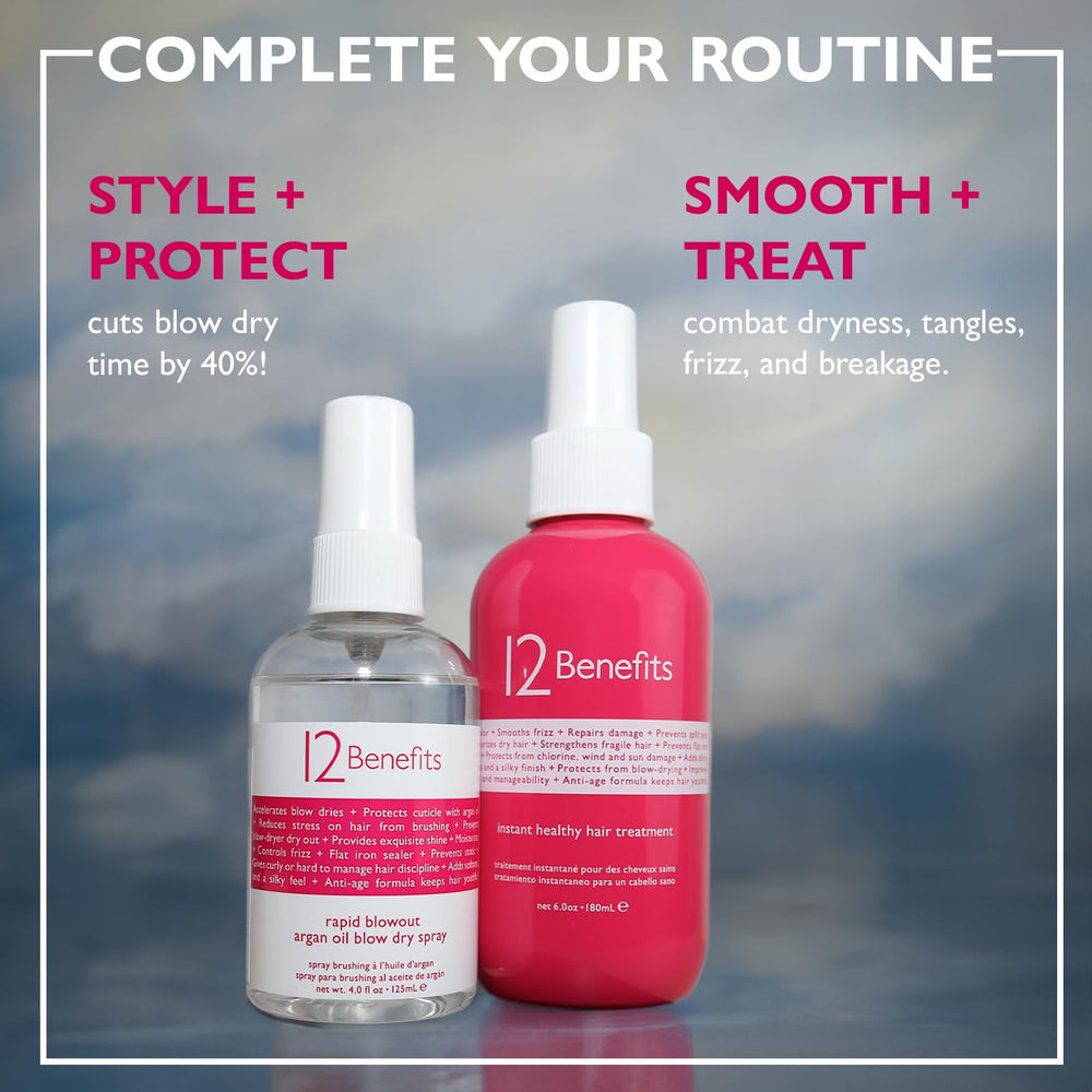 Moisture is sealed by 12 Benefits Rapid Blowout Argan Oil Spray on ends