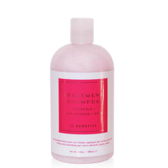 12 Benefits Treatment Shampoo bottle pouring for hydrating scalp care.