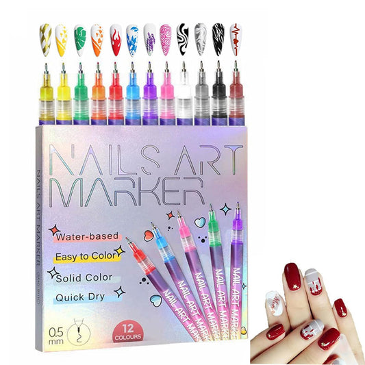 12 Colors Nail Art Marker Pens Set with detailed tips for intricate designs