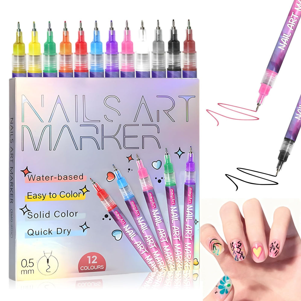 12 Color Nail Art Pens set with vibrant colors for DIY nail designs and precise lines.