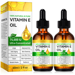 Pure Vitamin E oil bottle with 75,000 IU for deep hydration and antioxidant support.