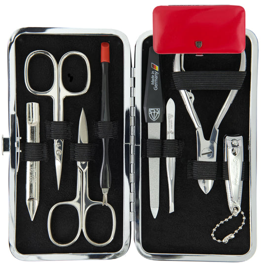 3 Swords Germany 7-piece manicure set in red leather case for on-the-go grooming.