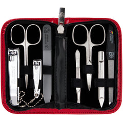 3 Swords Germany 8-piece kit in red case opened for grooming use