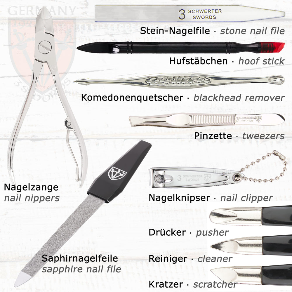 3 Swords Germany bright nickel-plated steel implements with corrosion protection.