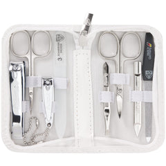 3 Swords Germany eight-piece kit in white leather case for travel grooming