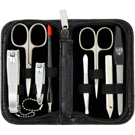 3 Swords Germany manicure kit in ostrich black case, travel-friendly storage.
