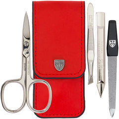 3 Swords Germany manicure kit in red leather case for precise grooming at home