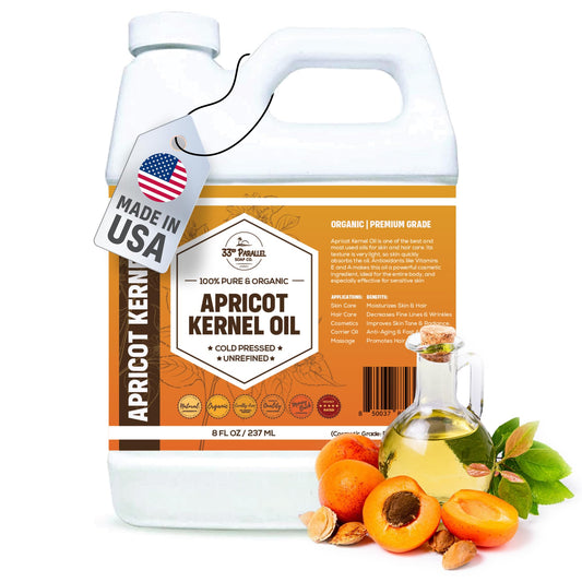 33rd Parallel Apricot Kernel Oil bottle pour for massage and skin hydration