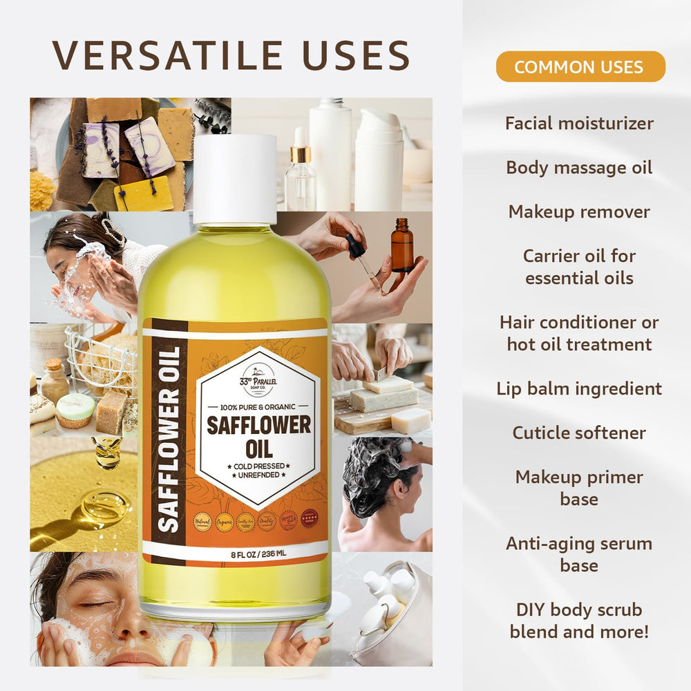 33RD PARALLEL SOAP CO safflower oil label highlights organic, cold-pressed purity