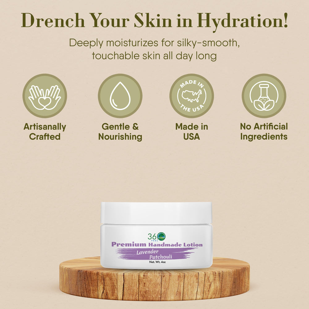 360Feel Lavender Patchouli Lotion texture closeup highlights non-greasy, quick-absorb formula.