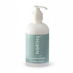 39° North conditioner bottle pouring with eucalyptus-lavender aroma for a refreshing daily routine.