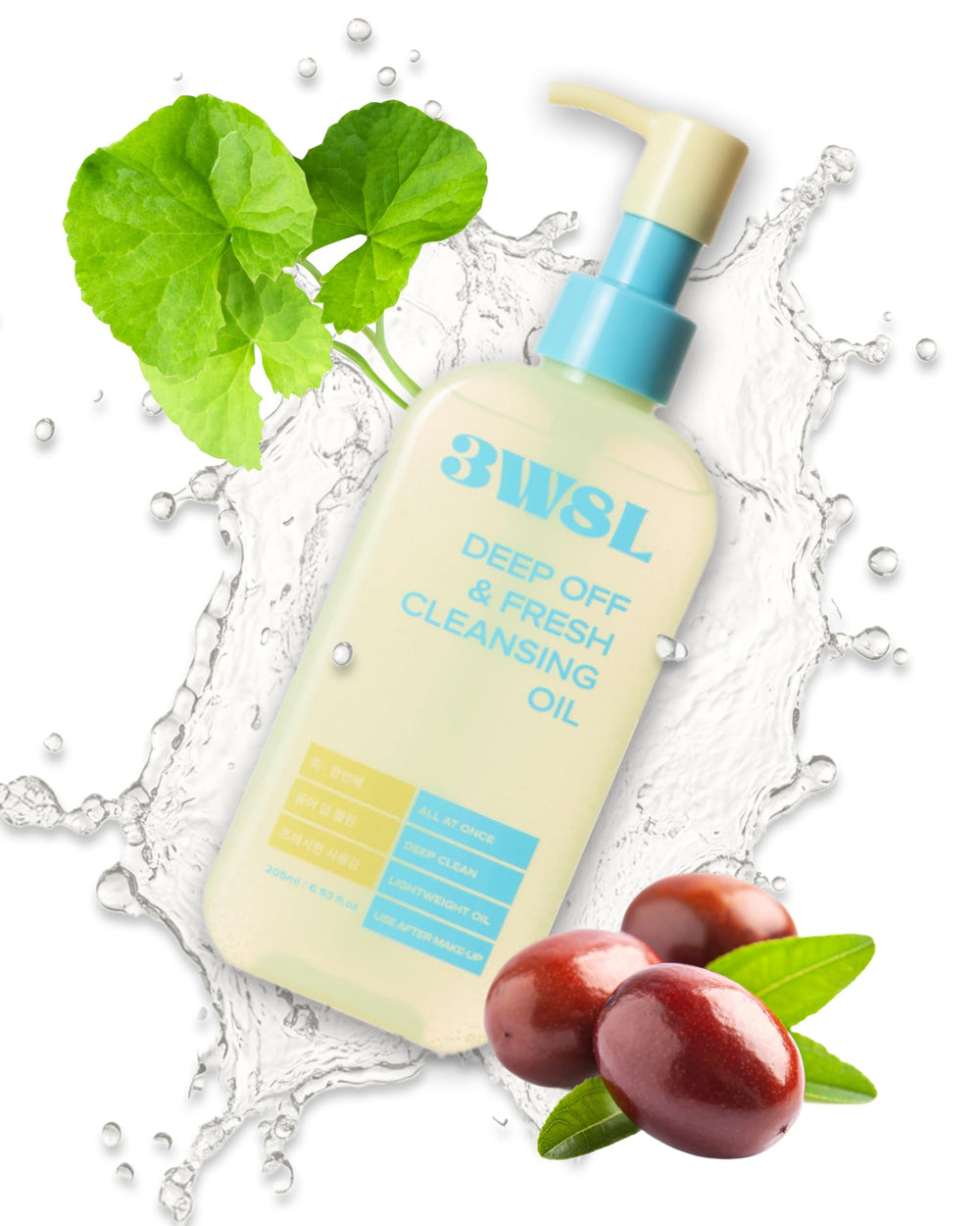 3W8L Deep Off & Fresh cleansing oil bottle demonstrates fast emulsification for makeup removal