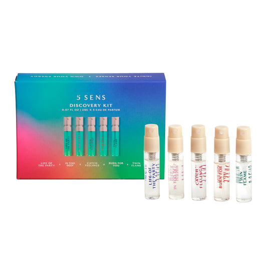 5 SENS Discovery Kit on display with five 2ml perfumes for versatile moods.